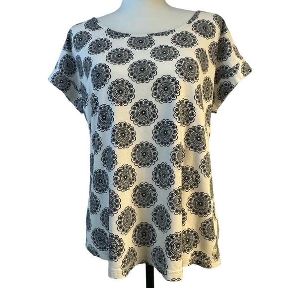 Talbots Medallion Scoop Neck Cap Sleeve Cotton Blend Top Women L White Black - Picture 1 of 9